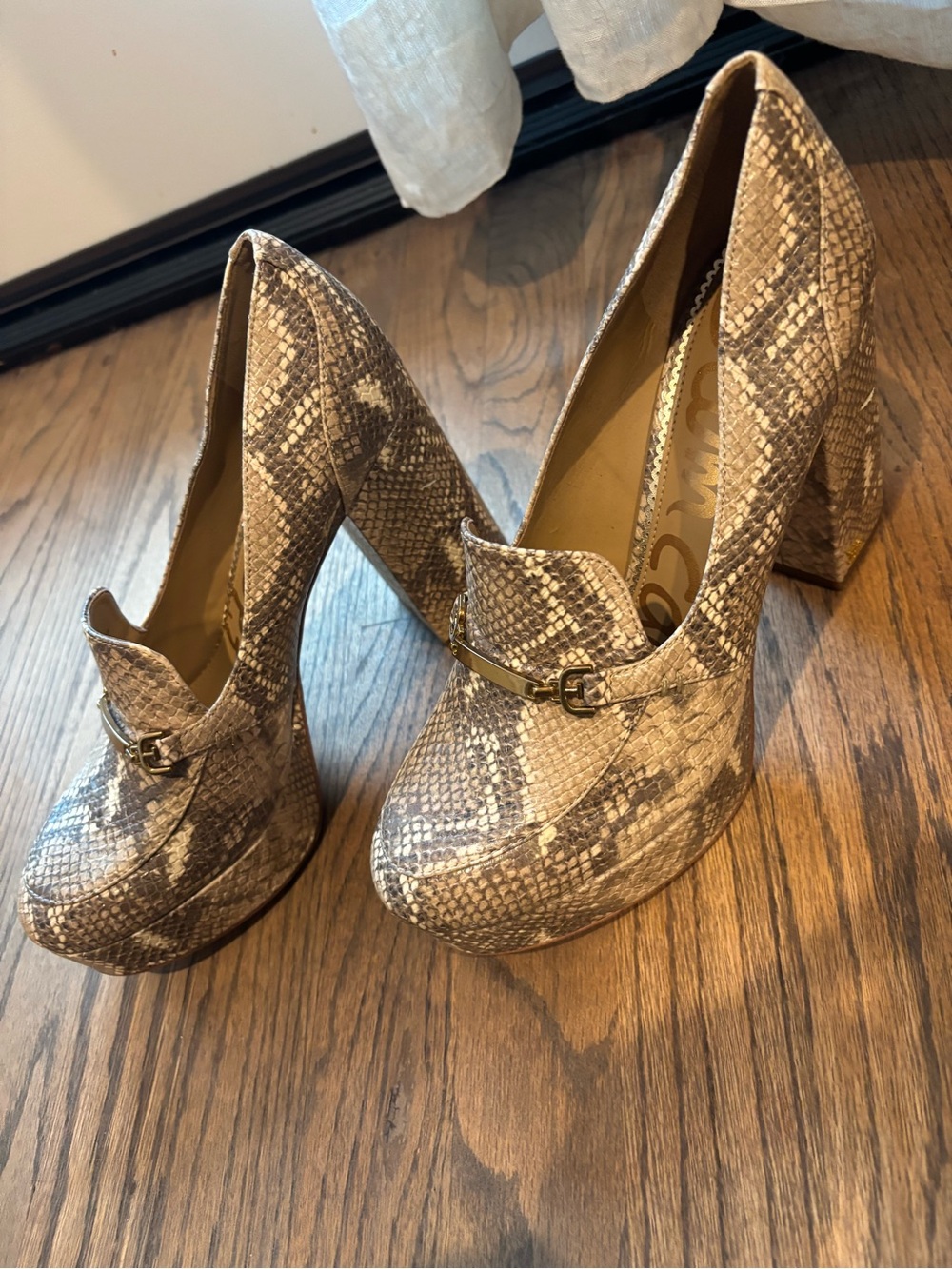 Sam Edelman Snake-Print Platform Pumps in Beige and Grey